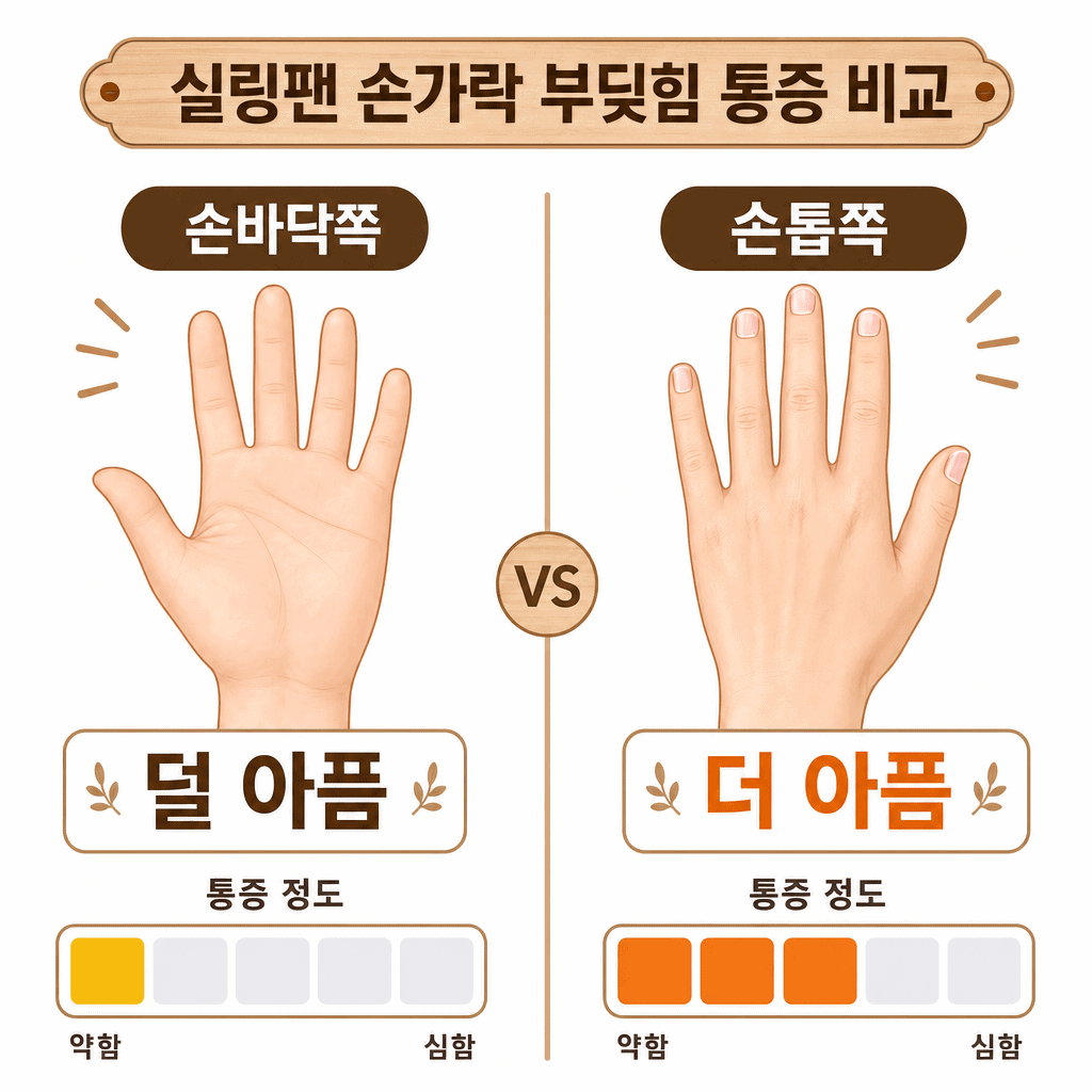 실링팬 손가락 부딪힘 위치별 통증 비교 — 손안쪽보다 손톱쪽이 더 아픔