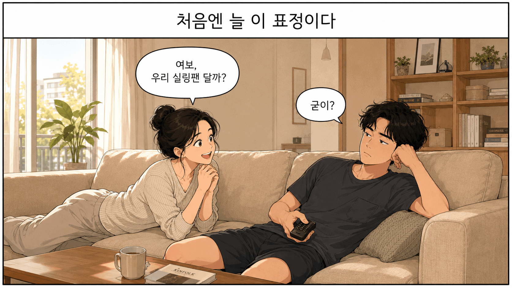 실링팬 남편 반대 첫 표정 — 와이프 제안에 굳이라며 답하는 부부 거실 장면