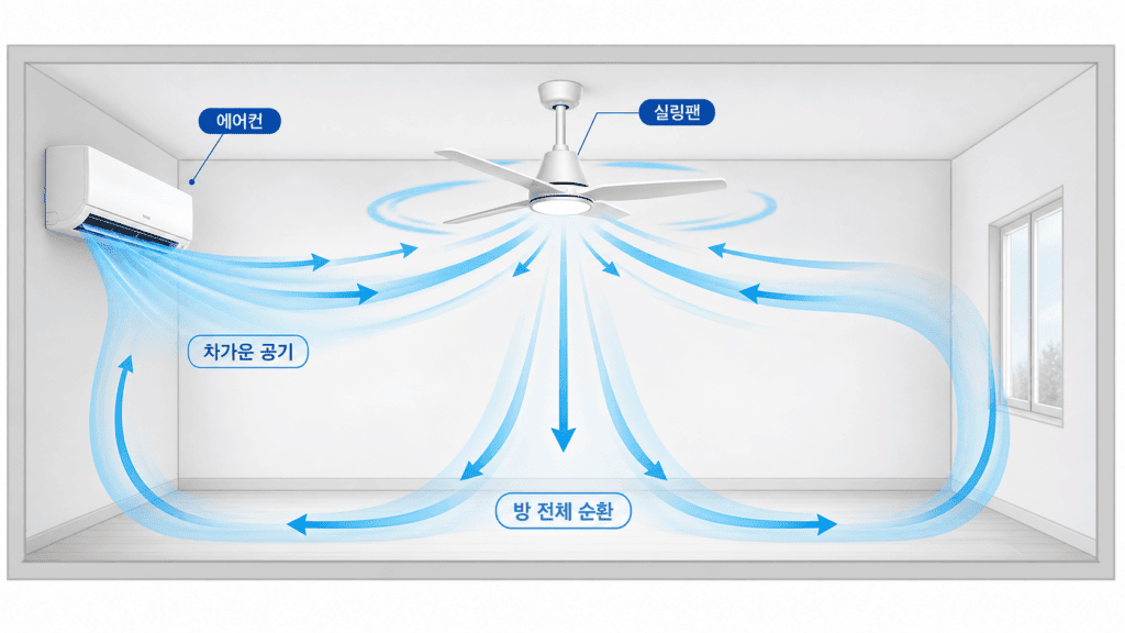 에어컨 찬 공기를 실링팬이 방 전체로 퍼뜨리는 여름철 공기 순환 도식