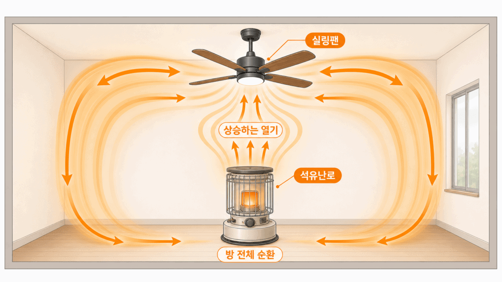 석유난로의 상승하는 열기를 실링팬이 방 전체로 순환시키는 겨울철 도식